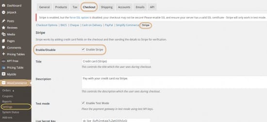 stripe woocommerce settings